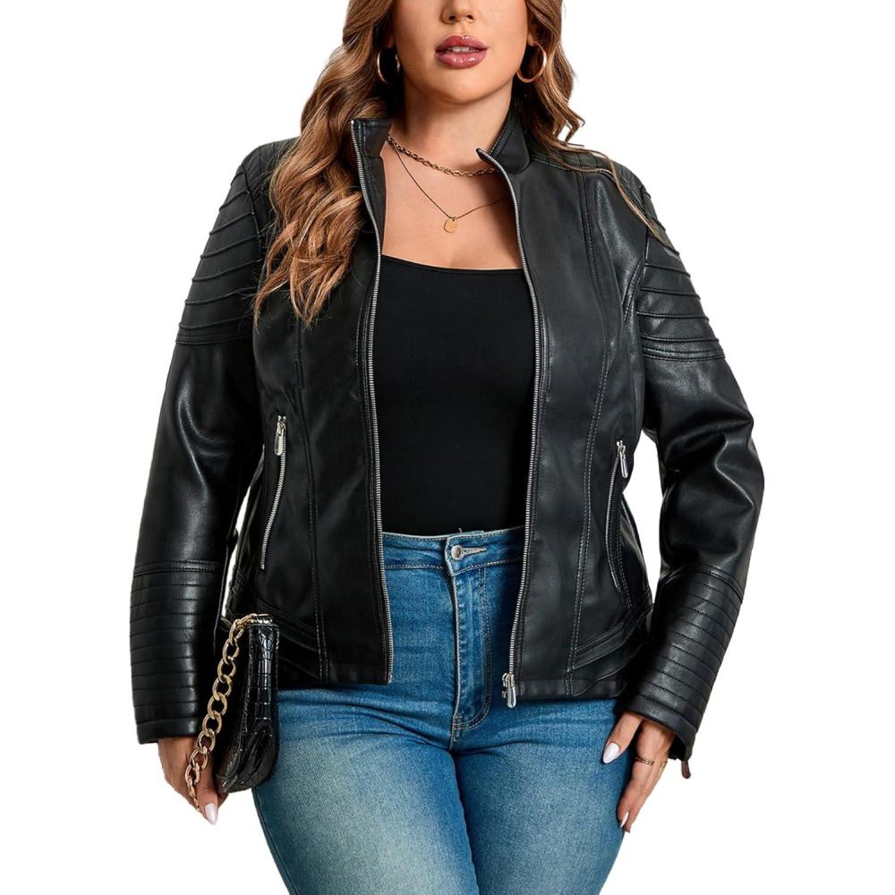 imageGeschallino Womens Faux Leather Jacket Plus Size Fall Motorcycle Biker Clothes Outfits Short Fashion PU Coat 1X5XBlack Tops