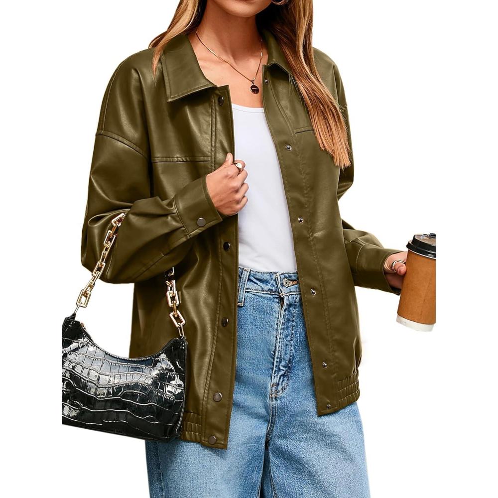 imageGlamaker Womens Faux Leather Jacket Trendy Outfits Loose Fit Button Down Motorcycle Bomber Jackets Fashion Fall Winter CoatArmy Green