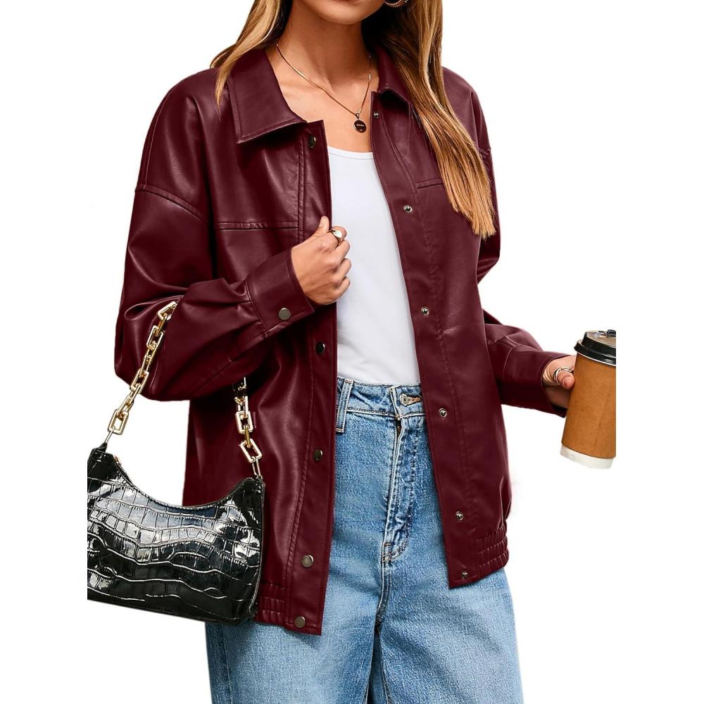imageGlamaker Womens Faux Leather Jacket Trendy Outfits Loose Fit Button Down Motorcycle Bomber Jackets Fashion Fall Winter CoatBurgundy
