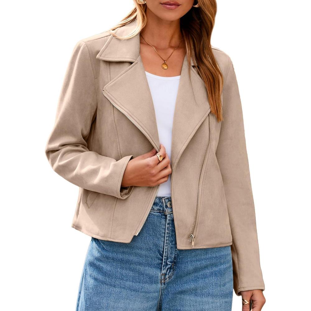 imageGlamaker Womens Faux Suede Jackets Long Sleeve Casual Cropped Zipper Biker Moto Jacket Fall Winter OutfitsApricot