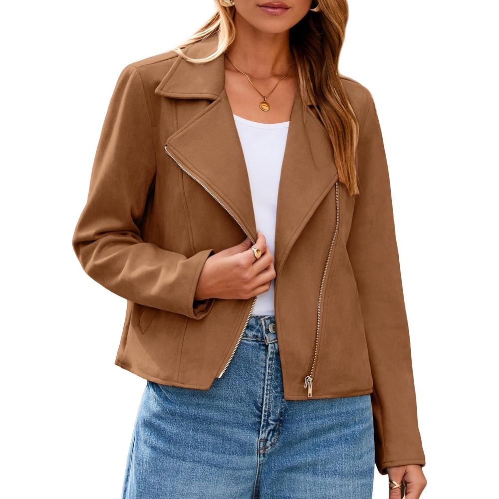 imageGlamaker Womens Faux Suede Jackets Long Sleeve Casual Cropped Zipper Biker Moto Jacket Fall Winter OutfitsCamel