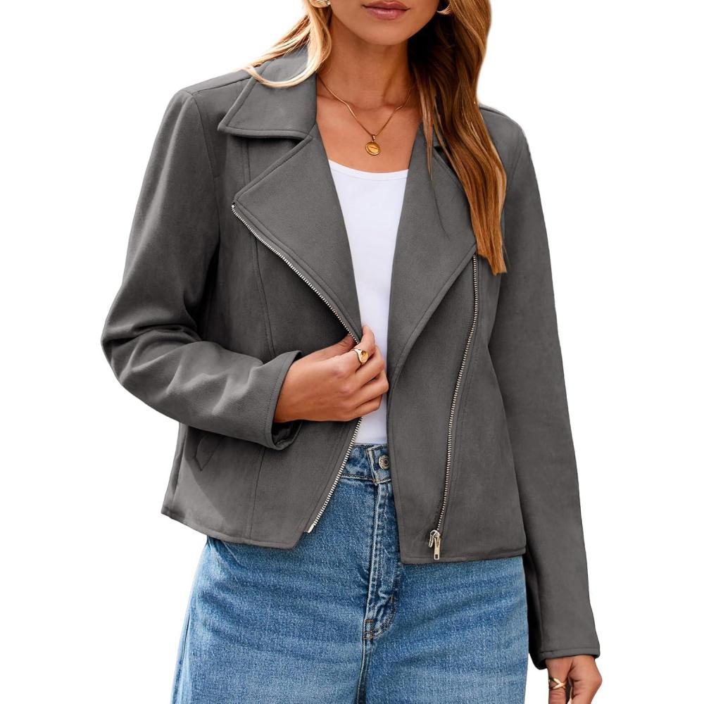 imageGlamaker Womens Faux Suede Jackets Long Sleeve Casual Cropped Zipper Biker Moto Jacket Fall Winter OutfitsDark Grey