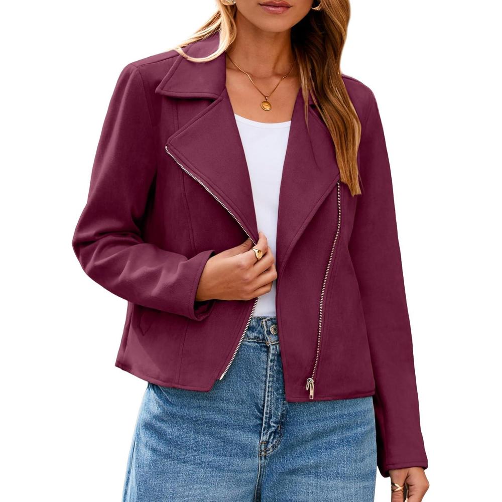 imageGlamaker Womens Faux Suede Jackets Long Sleeve Casual Cropped Zipper Biker Moto Jacket Fall Winter OutfitsDark Purple