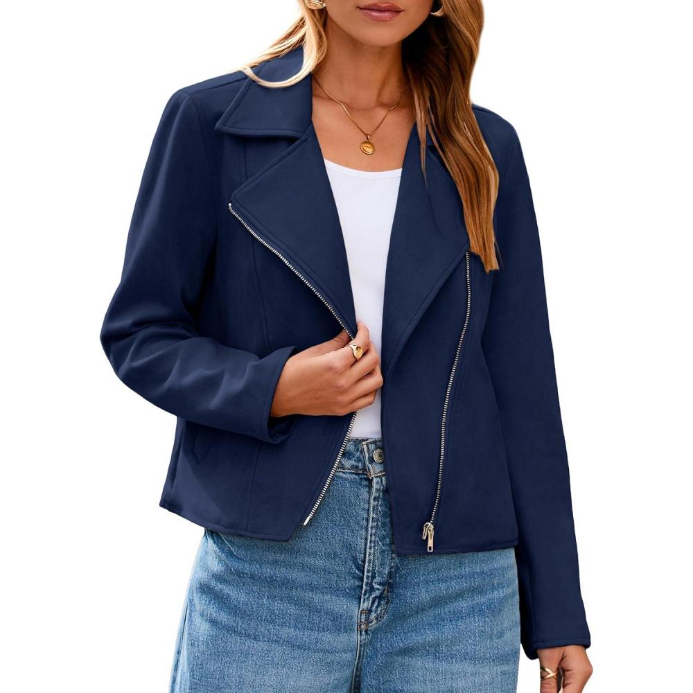 imageGlamaker Womens Faux Suede Jackets Long Sleeve Casual Cropped Zipper Biker Moto Jacket Fall Winter OutfitsNavy Blue