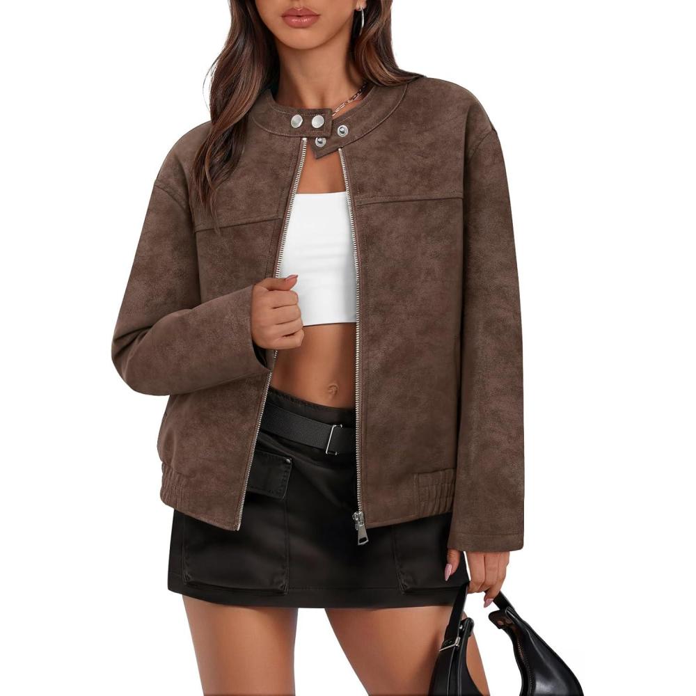 imageMEROKEETY Womens 2025 Faux Suede Bomber Jackets Trendy Long Sleeve Zip Up Fall Winter Coat OuterwearBrown