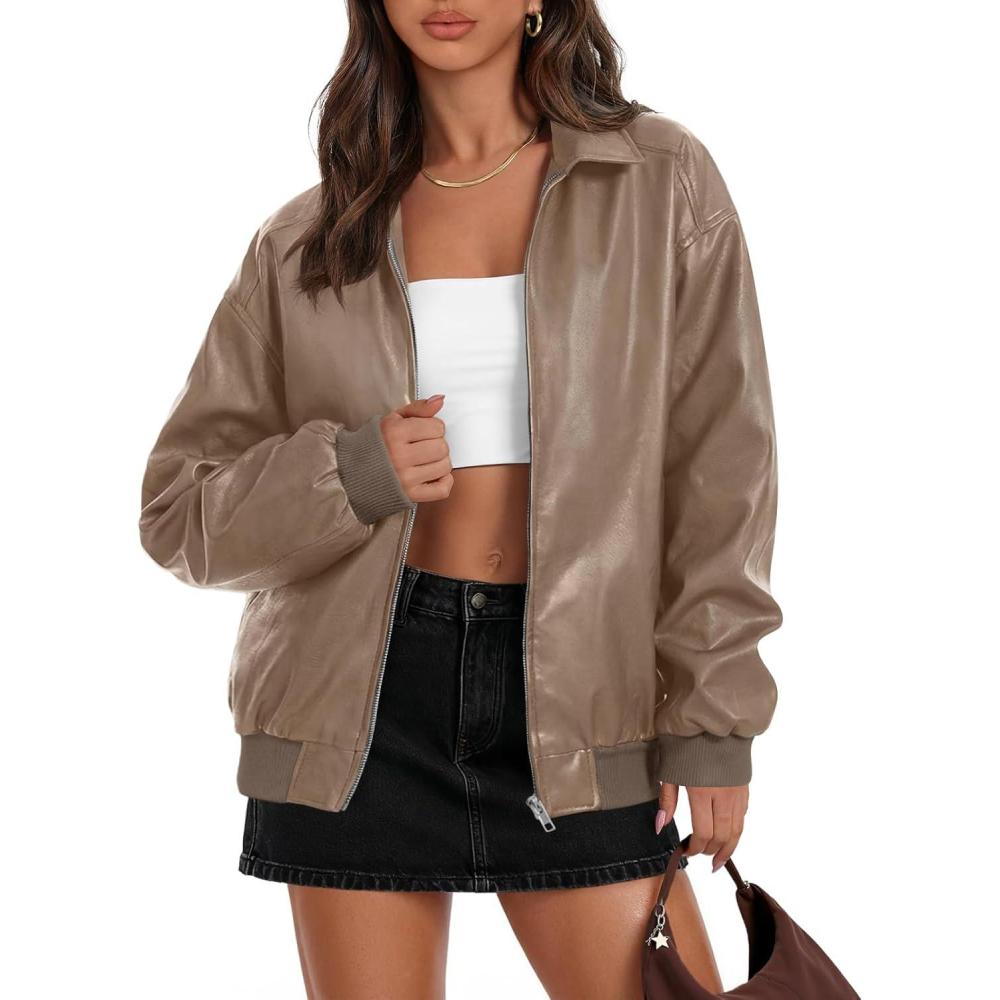 imageMEROKEETY Womens Winter Spring Oversized Faux Leather Jacket 2026 Fall Zip Up Motorcycle Coats Fashion Outfits ClothesKhaki