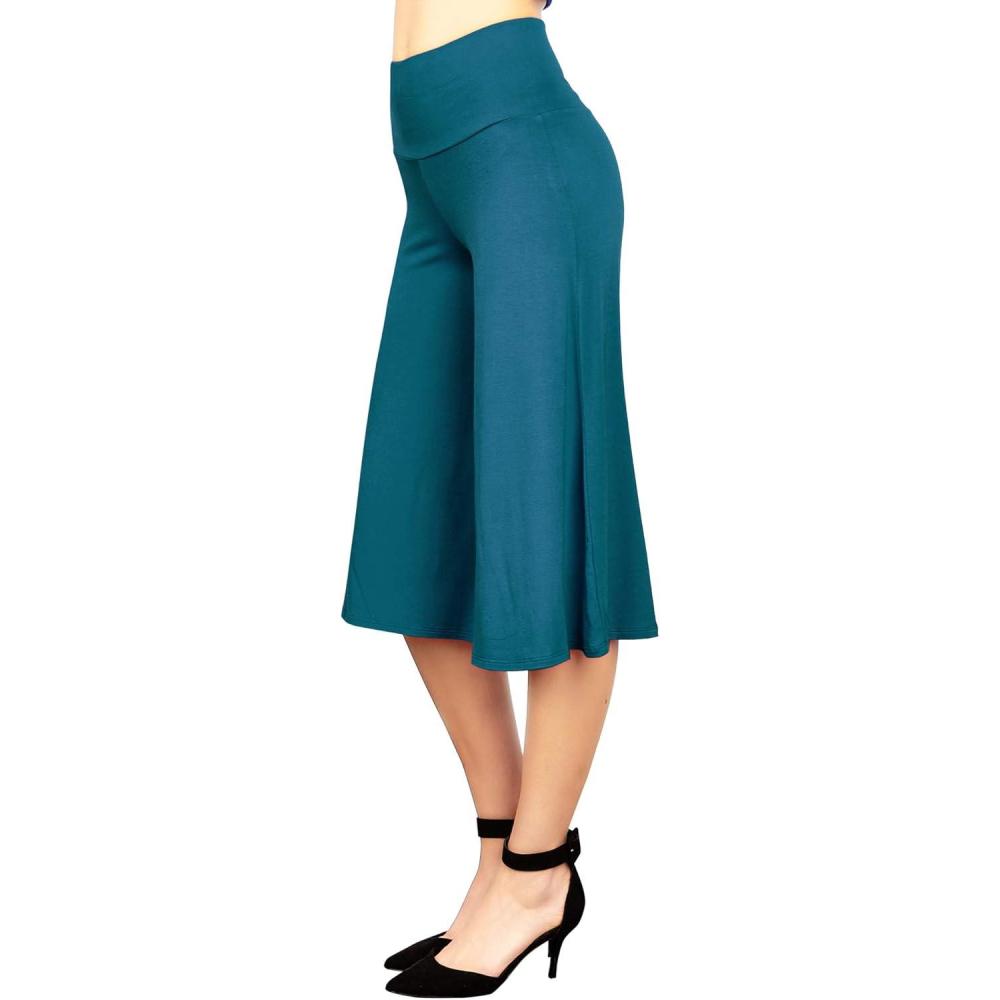 imageMade By Johnny Womens High Elastic Waistband Wide Leg Palazzo Culotte Gaucho Capri Pants S5XLWb876teal