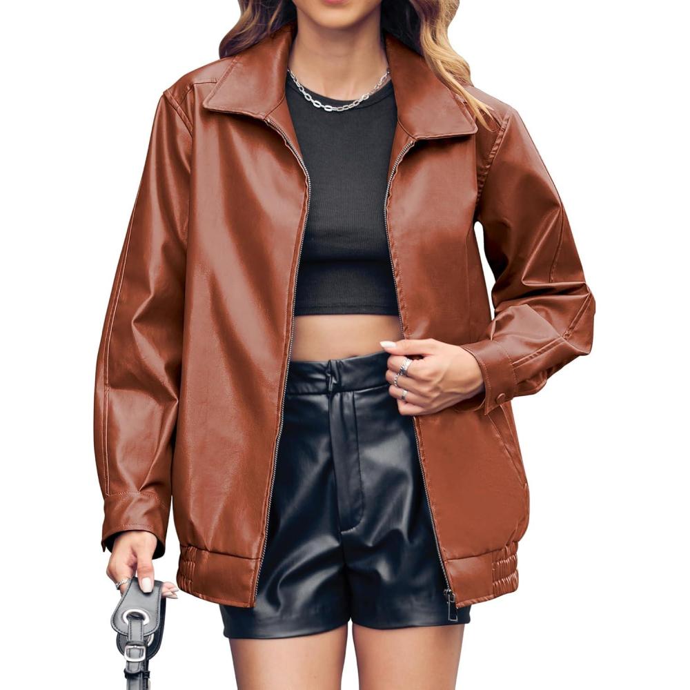 imageMiladusa Womens Oversized Leather Jackets Faux Casual Zip Up Trendy Bomber Motorcycle Jacket with PocketsBrown