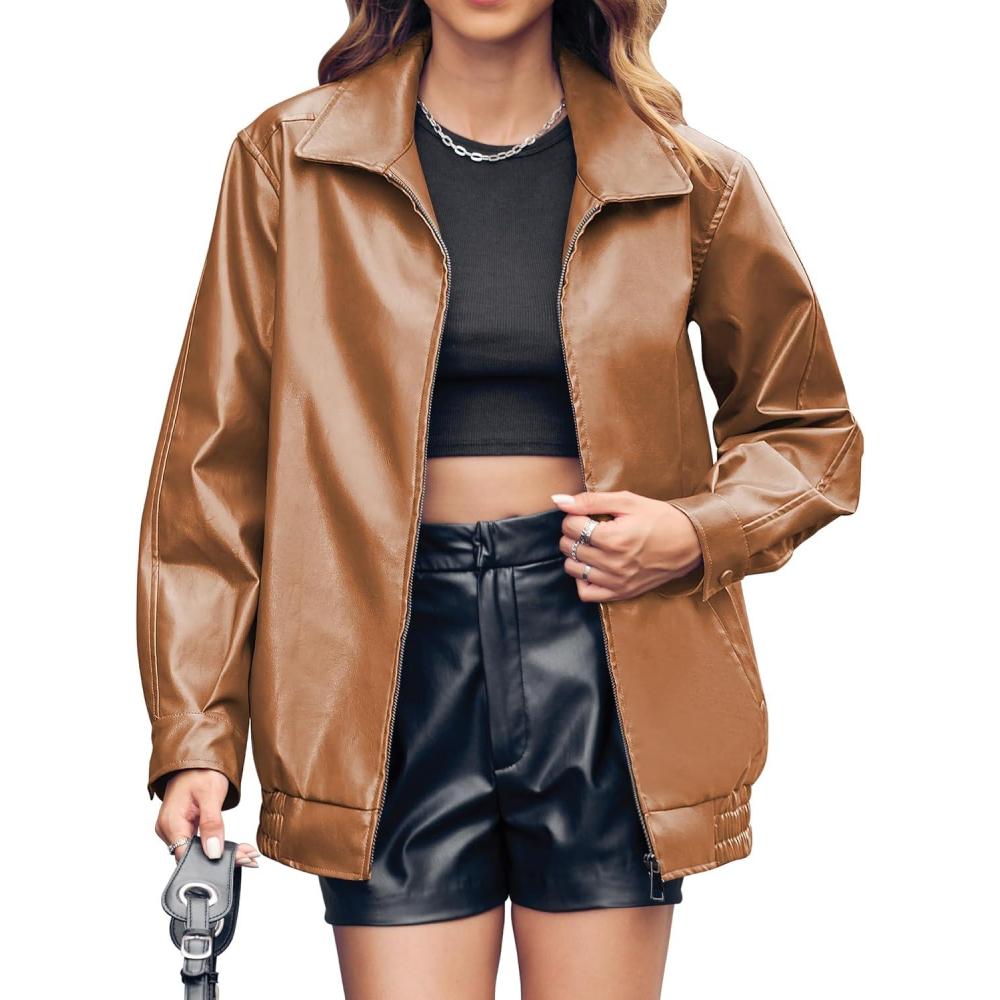 imageMiladusa Womens Oversized Leather Jackets Faux Casual Zip Up Trendy Bomber Motorcycle Jacket with PocketsKhaki