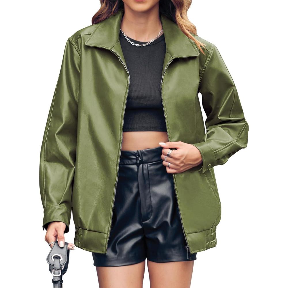 imageMiladusa Womens Oversized Leather Jackets Faux Casual Zip Up Trendy Bomber Motorcycle Jacket with PocketsMilitary Green