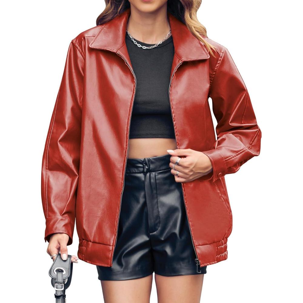 imageMiladusa Womens Oversized Leather Jackets Faux Casual Zip Up Trendy Bomber Motorcycle Jacket with PocketsOrange
