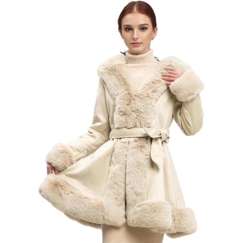 imageNXBC Winter Faux Fur Coats for WomenFaux Fur Leather Jacket WomenWinter Long Sleeve Furry Trim Peplum Parka Coat with BeltBeige