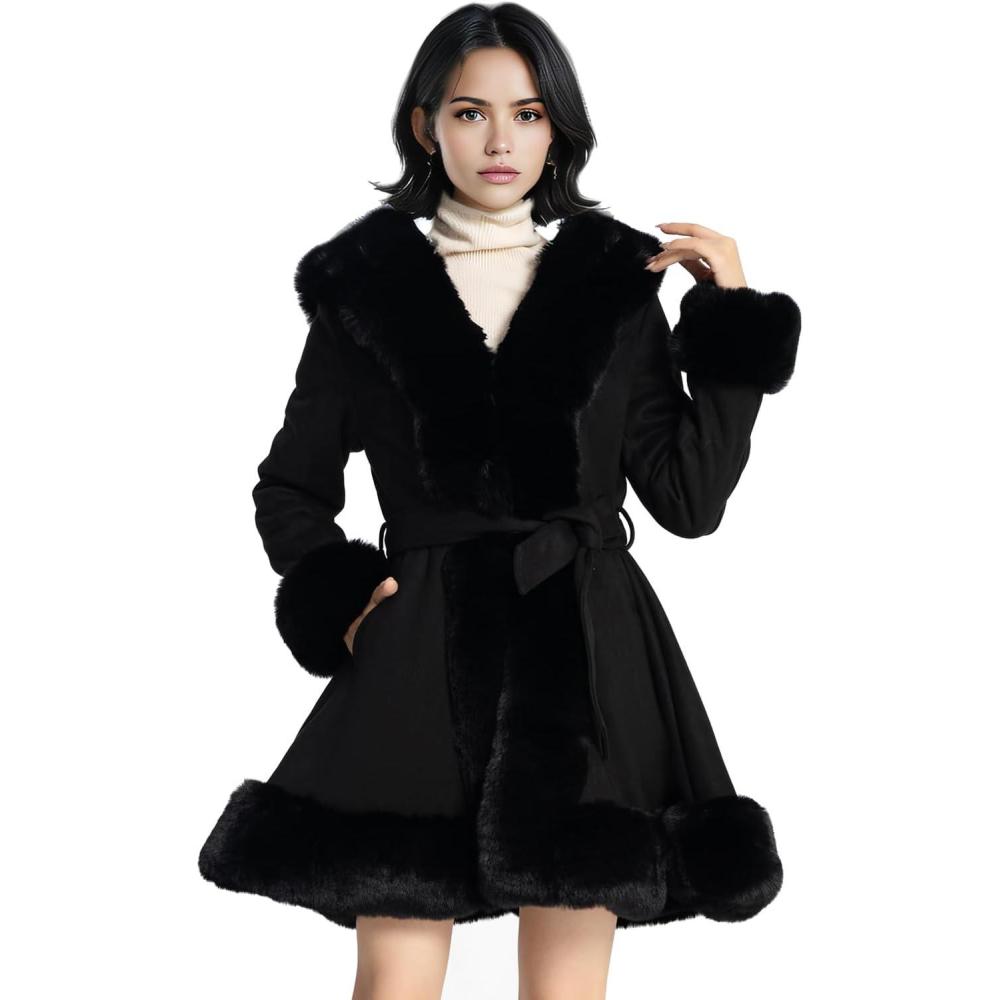 imageNXBC Winter Faux Fur Coats for WomenFaux Fur Leather Jacket WomenWinter Long Sleeve Furry Trim Peplum Parka Coat with BeltBlack