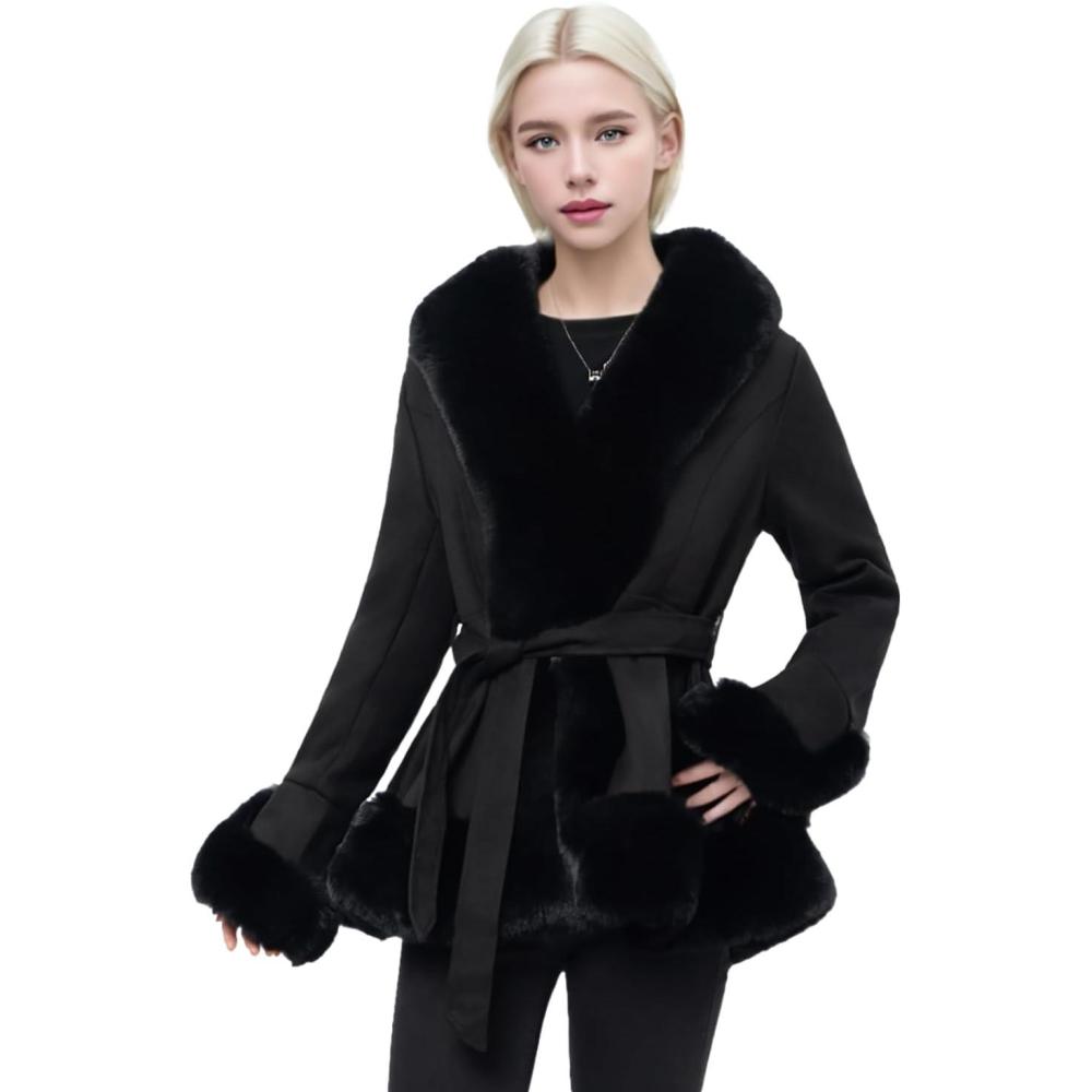 imageNXBC Winter Faux Fur Coats for WomenFaux Fur Leather Jacket WomenWinter Long Sleeve Furry Trim Peplum Parka Coat with BeltBlack Short