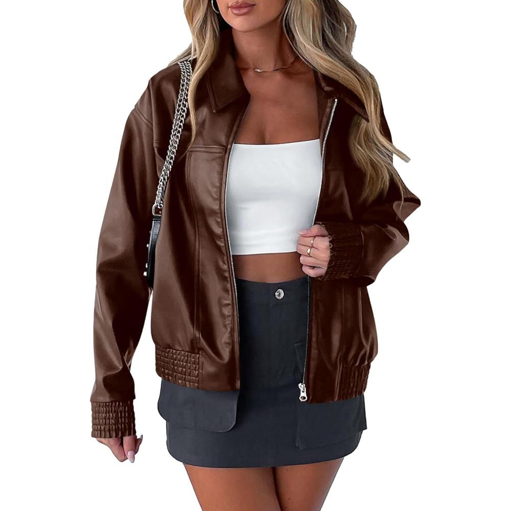 imagePRETTYGARDEN Womens Faux Leather Jackets 2025 Fall Long Sleeve Bomber Jacket Zip Up Motorcycle Coats Winter ClothesCoffee