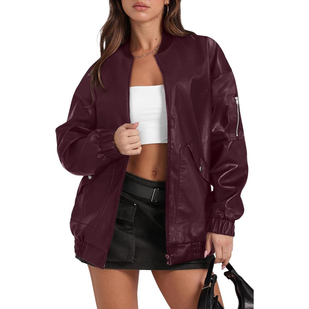 imageSampeel Leather Jacket Women Faux Oversized Motorcycle Bomber Coats 2025 Fall Fashion Outfits Winter ClothesCburgundy