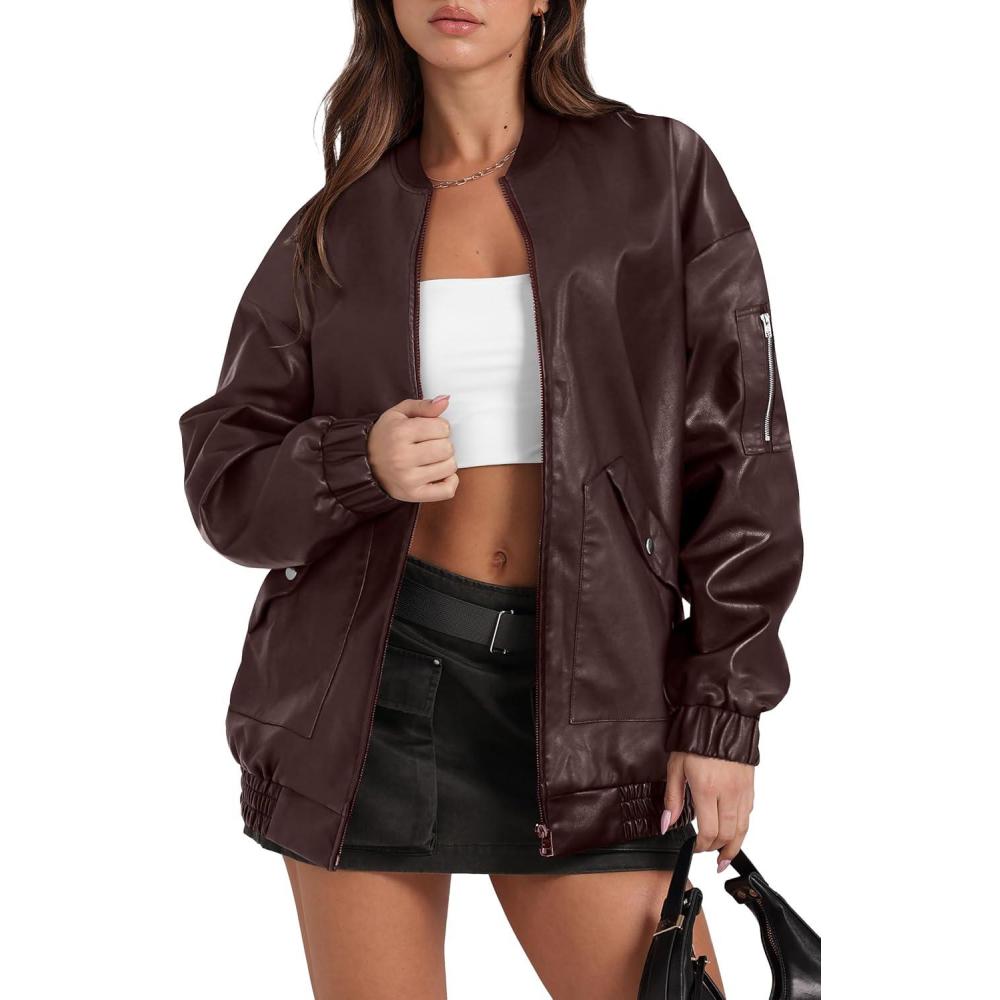 imageSampeel Leather Jacket Women Faux Oversized Motorcycle Bomber Coats 2025 Fall Fashion Outfits Winter ClothesCdark Coffee
