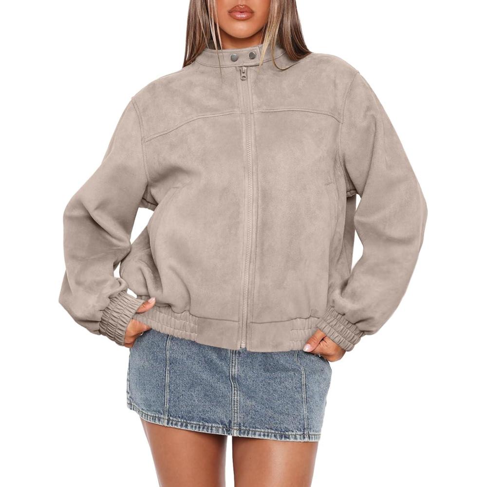 imageSampeel Leather Jacket Women Faux Oversized Motorcycle Bomber Coats 2025 Fall Fashion Outfits Winter ClothesSuede Apricot