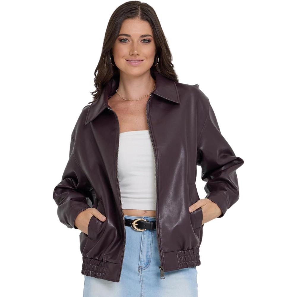 imageSteve Madden Leather Jacket Women Faux Leather Oversized Bomber Jacket Women Plus Size Motorcycle JacketsBurgundy