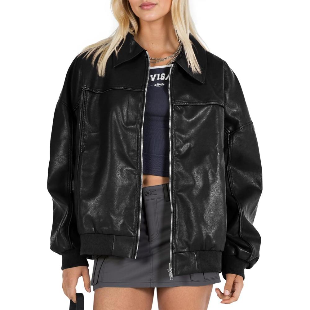 imageTankaneo Womens Faux Leather Jackets Oversized Bomber Casual Fall Fashion Zip Up Moto Biker CoatsBlack