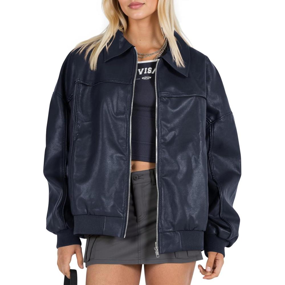 imageTankaneo Womens Faux Leather Jackets Oversized Bomber Casual Fall Fashion Zip Up Moto Biker CoatsDark Blue