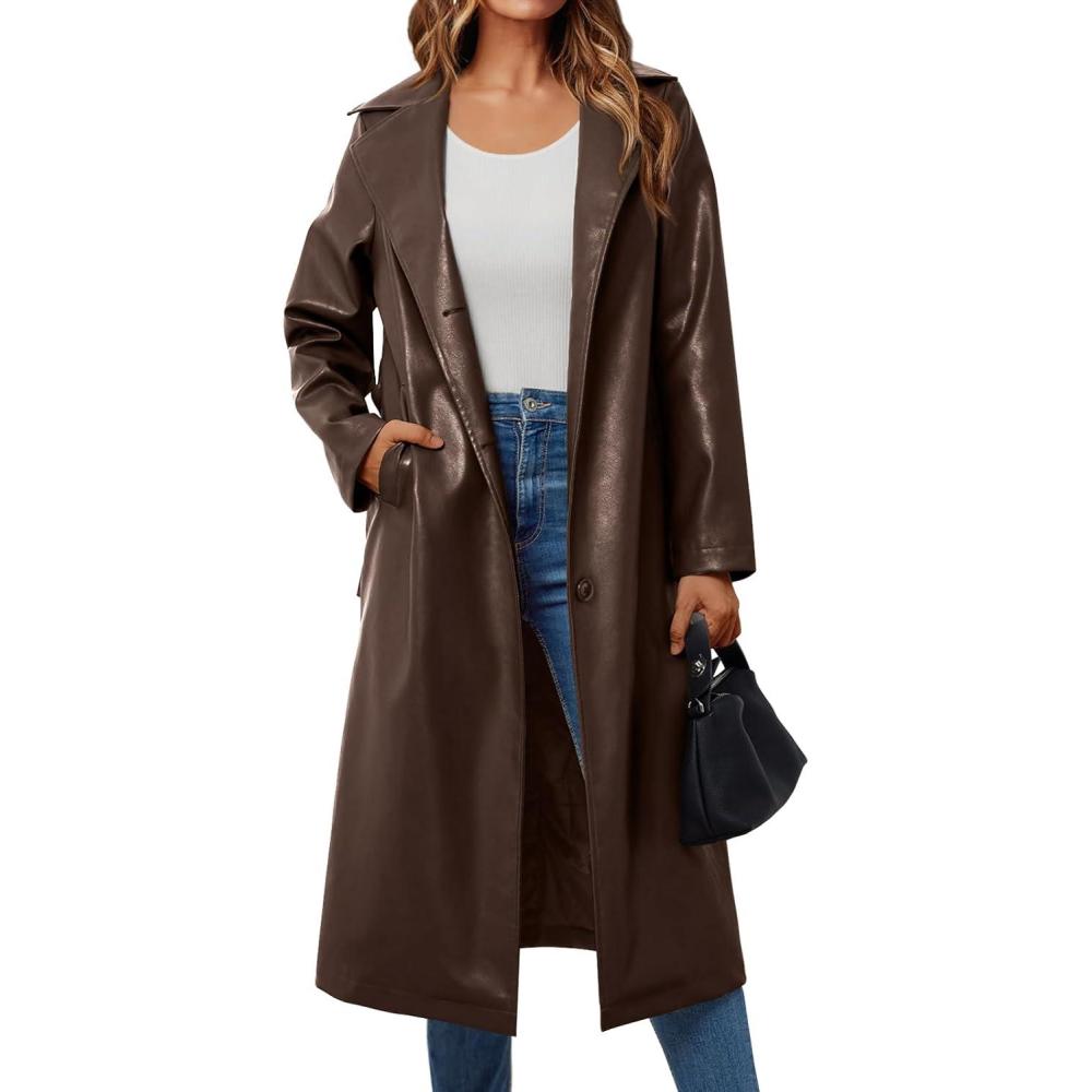 imageTrendy Queen Womens Long Lapel Faux Leather Jackets Trench Dress Coat Blazer Three Breasted Open Front Peacoat with BeltBrown