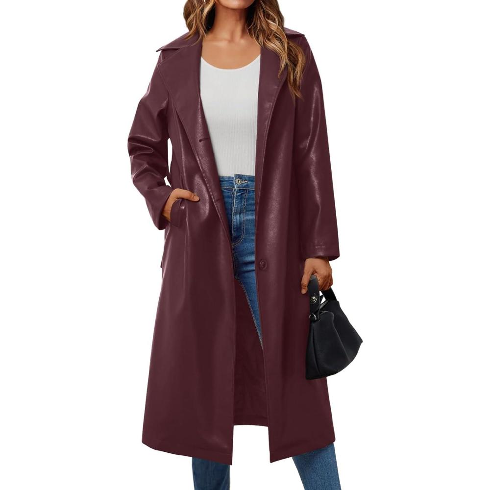 imageTrendy Queen Womens Long Lapel Faux Leather Jackets Trench Dress Coat Blazer Three Breasted Open Front Peacoat with BeltWine