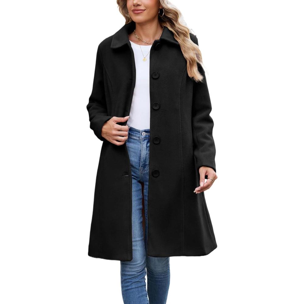 imageUANEO Womens Peacoat Faux Wool Blend Single Breasted Long Trench Coat Dress Overcoat Winter with PocketsBlack