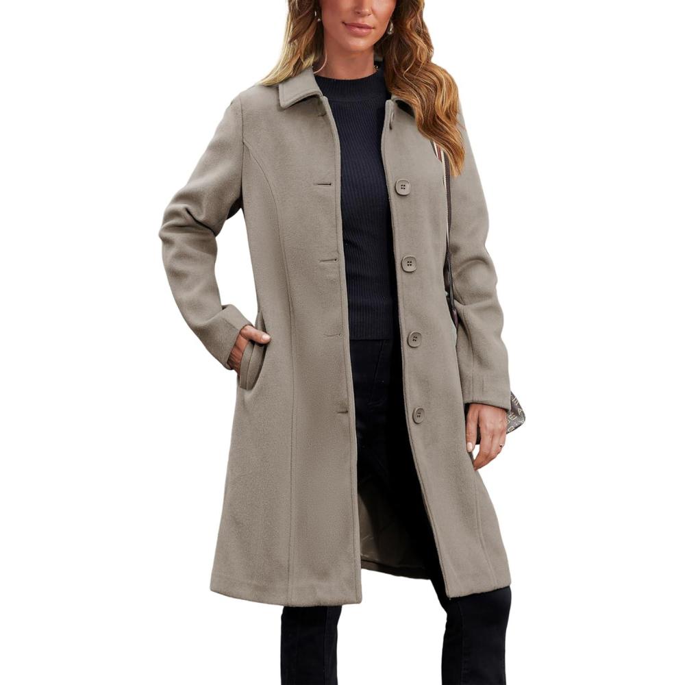 imageUANEO Womens Peacoat Faux Wool Blend Single Breasted Long Trench Coat Dress Overcoat Winter with PocketsTaupe