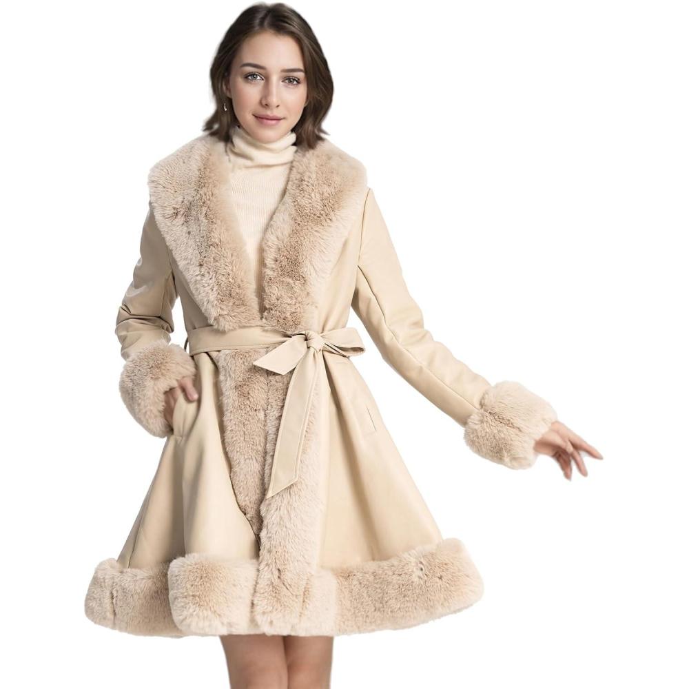 imageWinter Faux Fur Coats for WomenFaux Fur Leather Jacket WomenBeige