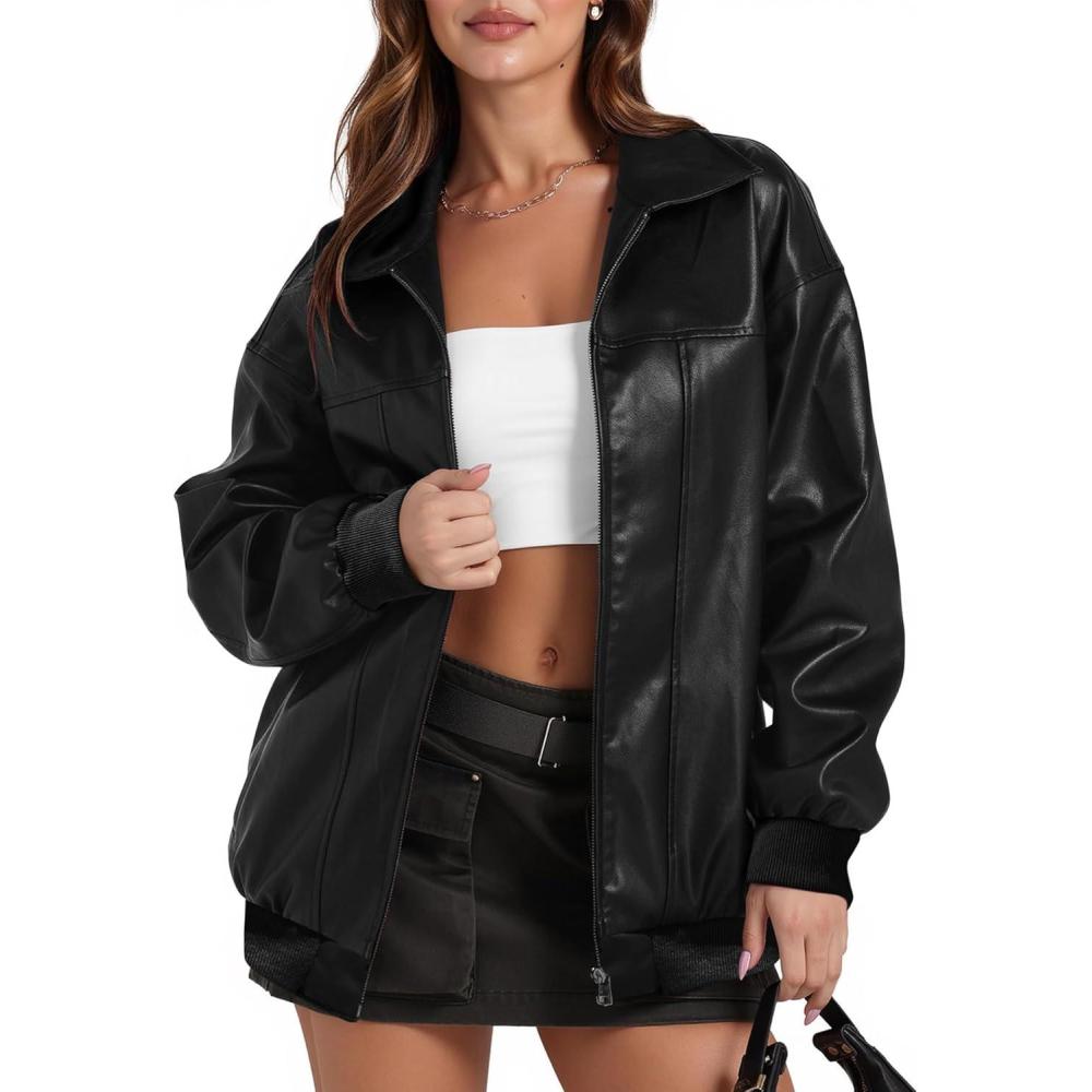 imageWomens Leather Jacket Oversized Faux Leather Bomber Jacket Fall Fashion 2025 Trendy Moto Winter Coat with PocketBlack