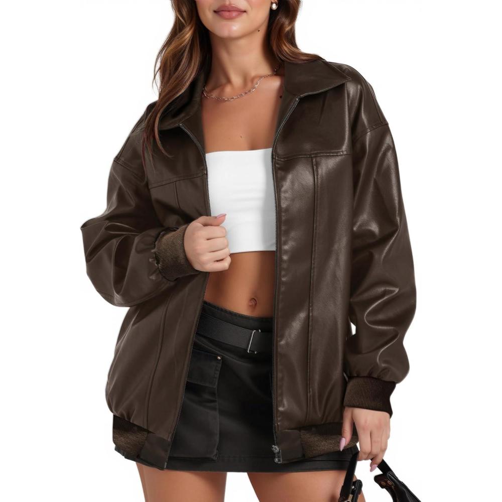 imageWomens Leather Jacket Oversized Faux Leather Bomber Jacket Fall Fashion 2025 Trendy Moto Winter Coat with PocketDark Coffee