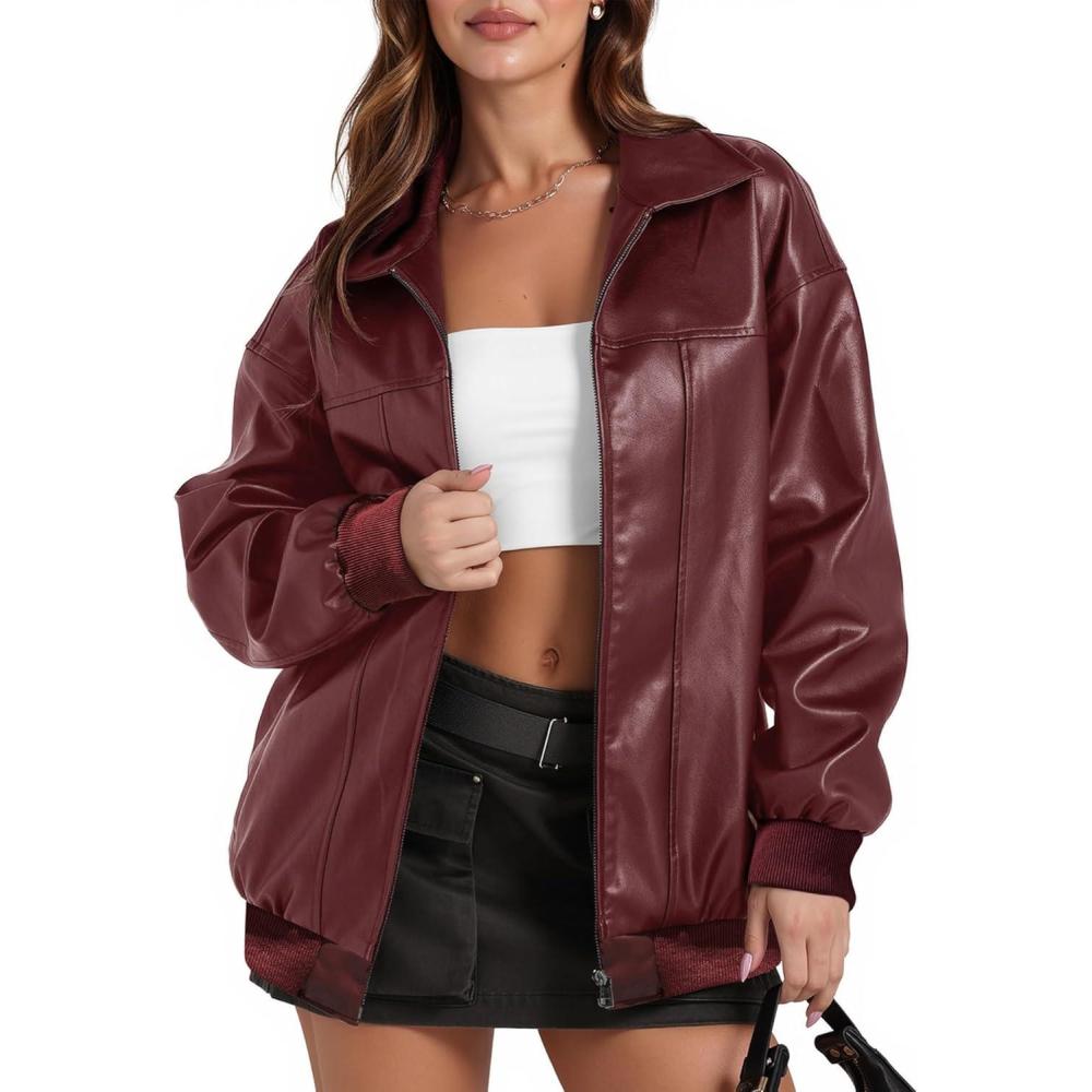 imageWomens Leather Jacket Oversized Faux Leather Bomber Jacket Fall Fashion 2025 Trendy Moto Winter Coat with PocketWine Red