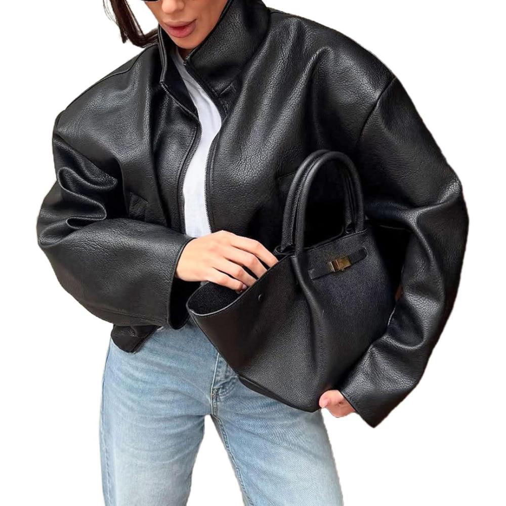imageWomens Leather Jacket Zipper Stand Collar Motorcycle Jacket Bomber Jacket Fall Winter Faux CoatBlack