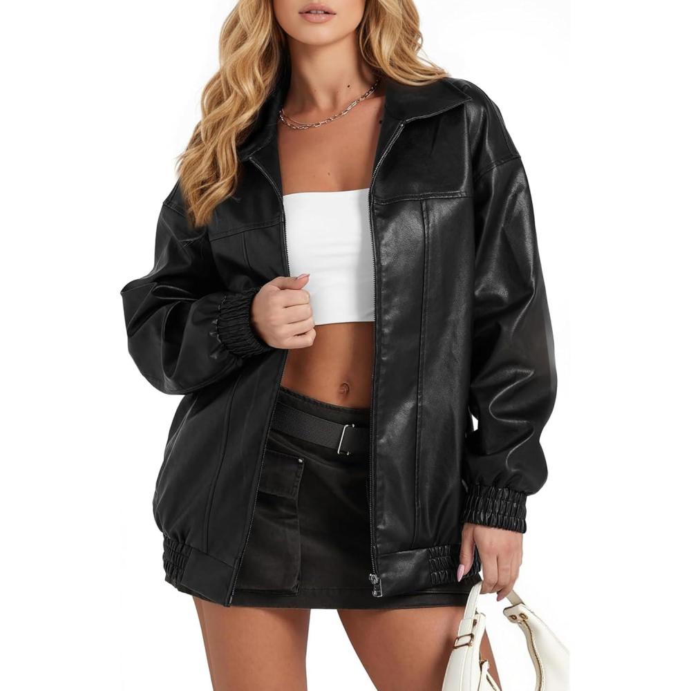 imageWomens Oversized Leather Jacket Casual Soft Faux Leather Zip Motorcycle Coat With Pocket 2026 Spring TrendyBlack