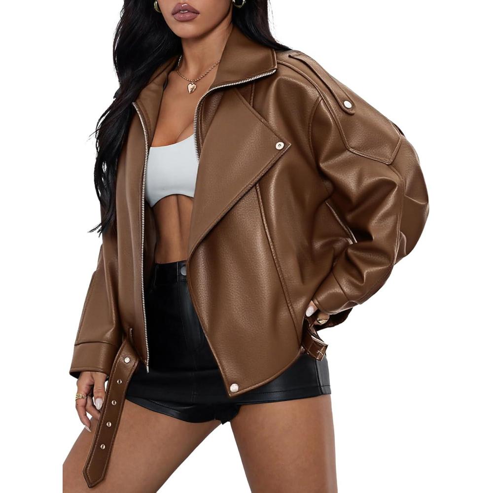 imageWomens Oversized Leather Jackets Faux Suede Fall Fashion Motorcycle Coats Winter Outfits Clothes Y2k TopsBrown