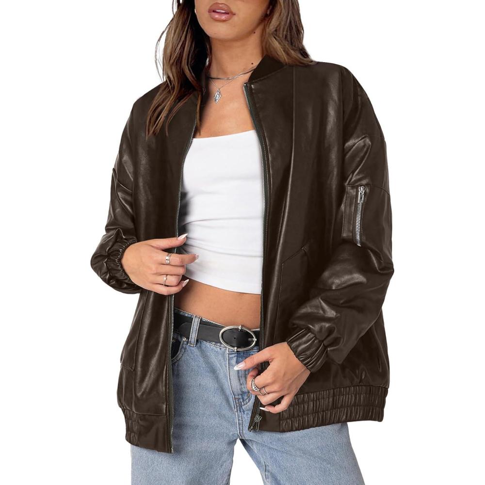 imageXIEERDUO Faux Leather Jacket Women Oversized Motorcycle Bomber Coats Zip Up Sleeve Pocket 2025 Fall Winter ClothesCoffee