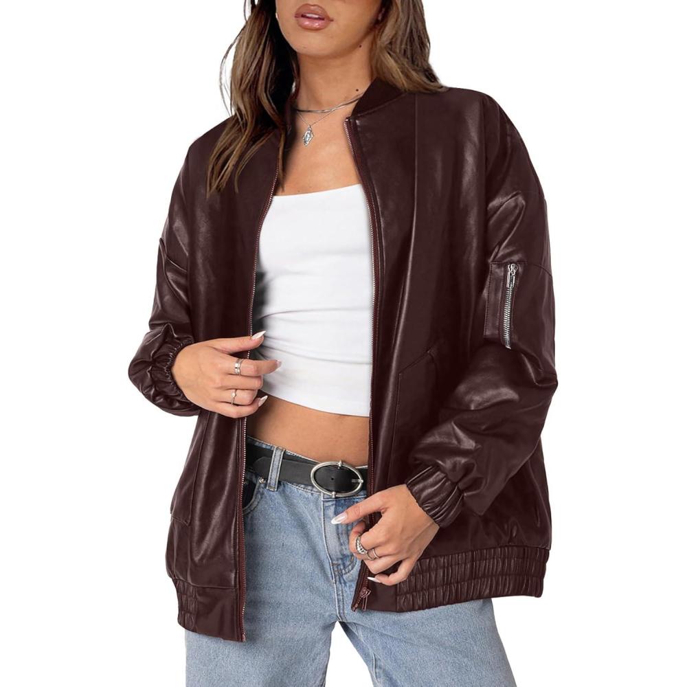 imageXIEERDUO Faux Leather Jacket Women Oversized Motorcycle Bomber Coats Zip Up Sleeve Pocket 2025 Fall Winter ClothesDark Coffee