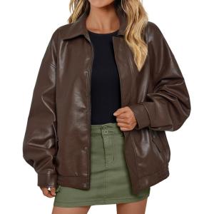 AUTOMET Women’s Oversized Leather Jackets Faux Suede 2026 Fall Zip Up Motorcycle Coats Blazer Jackets for Women Outfits(Brown)