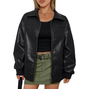 AUTOMET Womens Oversized Leather Jackets Zip Up Coats Faux Motorcycle Bomber Outfits Fall Trendy Fashion Winter Clothes 2026(Black)