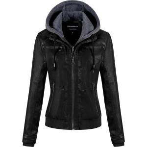 CREATMO US Women’s Faux Leather Jacket Waterproof Motorcycle Bomber Jacket Vintage PU Moto Biker Coat With Removable Hood(Black)