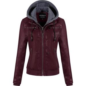 CREATMO US Women’s Faux Leather Jacket Waterproof Motorcycle Bomber Jacket Vintage PU Moto Biker Coat With Removable Hood(Burgundy)