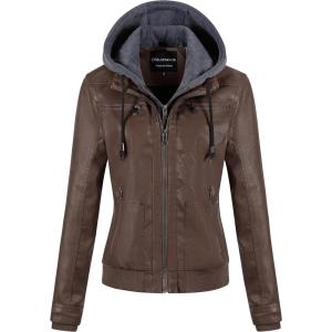 CREATMO US Women’s Faux Leather Jacket Waterproof Motorcycle Bomber Jacket Vintage PU Moto Biker Coat With Removable Hood(Coffee)