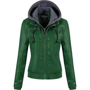 CREATMO US Women’s Faux Leather Jacket Waterproof Motorcycle Bomber Jacket Vintage PU Moto Biker Coat With Removable Hood(Green)
