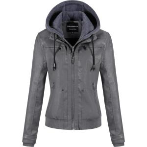 CREATMO US Women’s Faux Leather Jacket Waterproof Motorcycle Bomber Jacket Vintage PU Moto Biker Coat With Removable Hood(Grey)