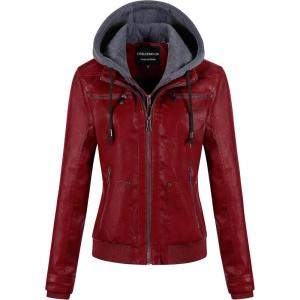 CREATMO US Women’s Faux Leather Jacket Waterproof Motorcycle Bomber Jacket Vintage PU Moto Biker Coat With Removable Hood(Red)