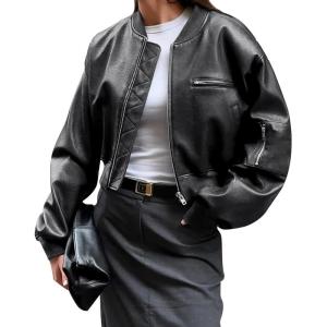 Cicy Bell Womens Faux Leather Bomber Jackets Baseball Collar Zip Up Cropped Biker Coat with Pockets(Black)