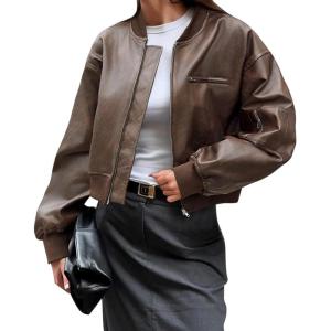 Cicy Bell Womens Faux Leather Bomber Jackets Baseball Collar Zip Up Cropped Biker Coat with Pockets(Brown)