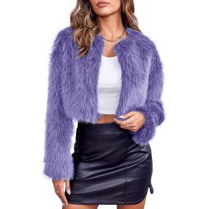 Danedvi Women’s Fashion Cropped Faux Fur Jacket Long Sleeve Open Front Cardigan Casual Fluffy Parka Shaggy Short Coat(Purple)