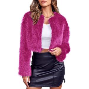 Danedvi Women’s Fashion Cropped Faux Fur Jacket Long Sleeve Open Front Cardigan Casual Fluffy Parka Shaggy Short Coat(Rose Red)